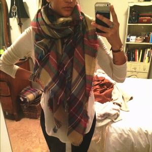 Tartan Plaid Thick Blanket Scarf *Tan* -like Zara