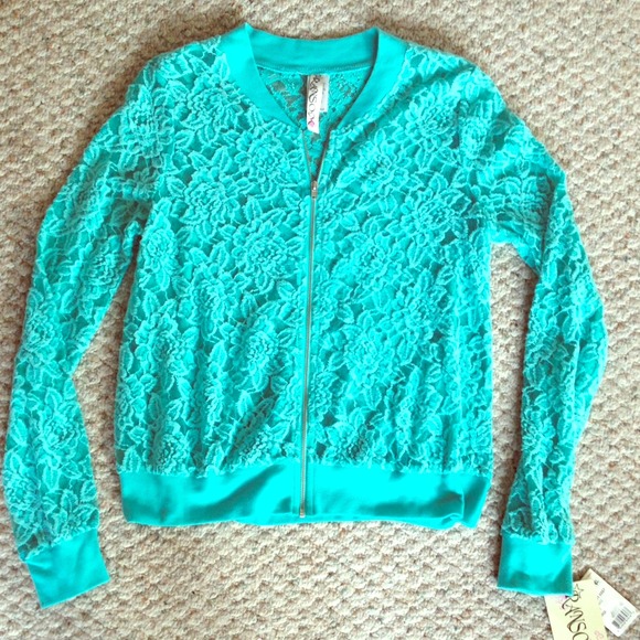 Aqua/turquoise  floral lace zip up jacket top