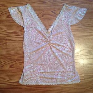 V-neck plunge Cute Pink and Beige Flowers Top