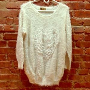 White puffy fur sweater with ruffle heart