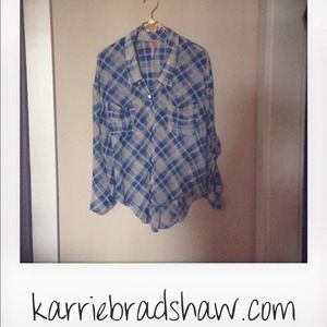 Blue and White Plaid Free People Blouse