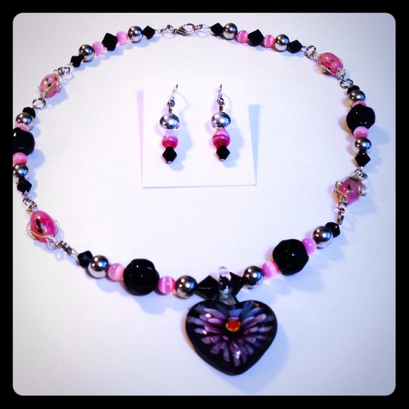 Art Glass Necklace & Earring Set - Picture 1 of 4