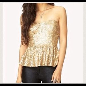 SOLD strapless peplum gold sequin top small