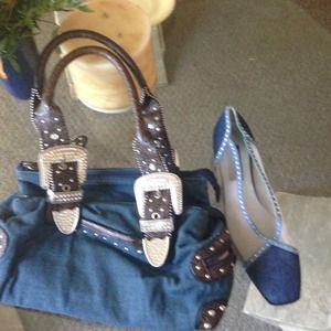 Blue jean purse with brow trim, blue jean shoes