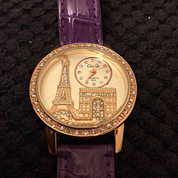Purple Paris watch with rhinestones