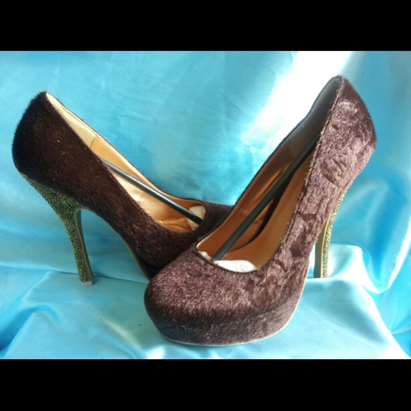 Brown Furry Heels with Gold Sparkle