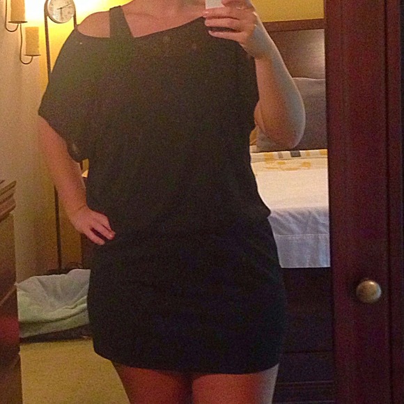 Black, off the shoulder, mini dress