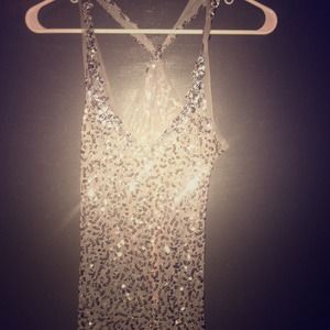 Silver Sequin Racerback Halter w/ Jeweled Neckline