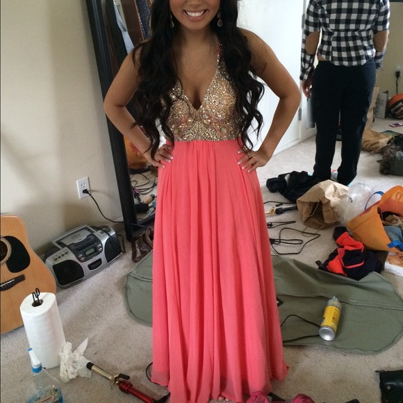 Night Moves Dresses & Skirts - Night Moves Beaded V-Neck Halter Coral Prom Dress