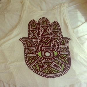 White hamsa print open back flowy tank