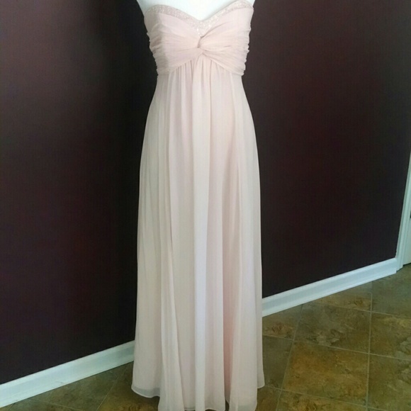 *Soft pink, floor length bridesmaids dress w/ bead