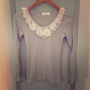 Gray Ribbed Chiffon Roses Long Sleeve Top