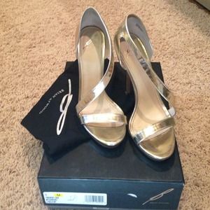 Gold/silver Brian Atwood strappy heel in size 8