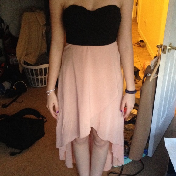 High low, baby pink and black dress.