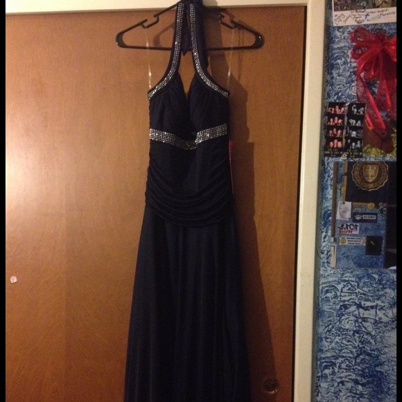 Never worn halter dress! Navy Blue with beading!