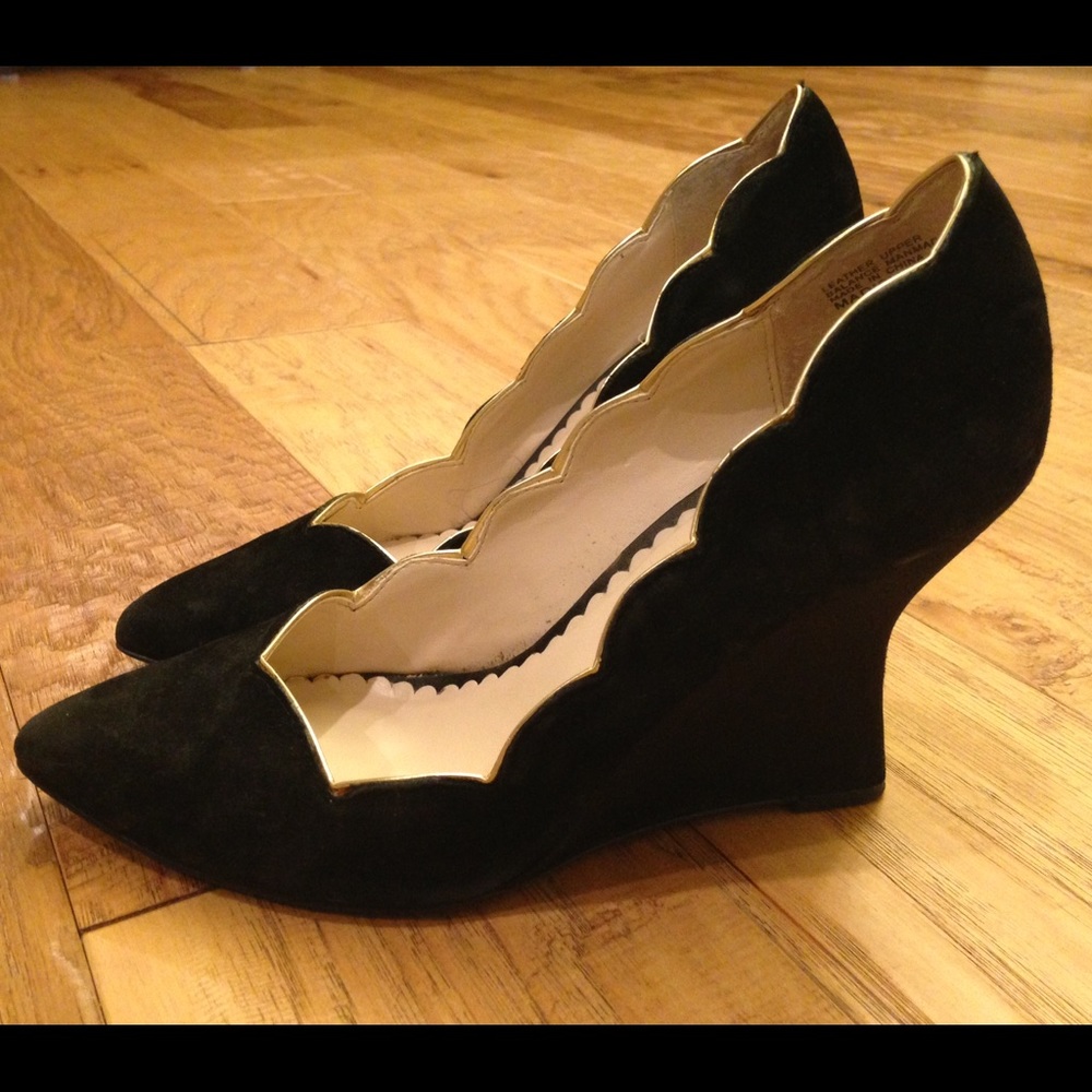 Like new black suede wedges with gold trim
