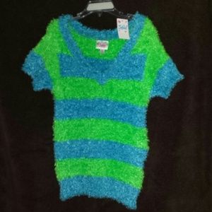 Childrens - Soft Fuzzy V-Neck Green & Blue Sweater