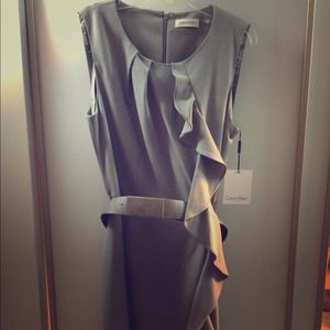 Calvin Klein gray belted ruffle dress