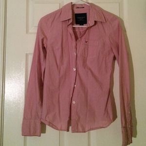 AEO favorites pink pinstriped button down shirt.