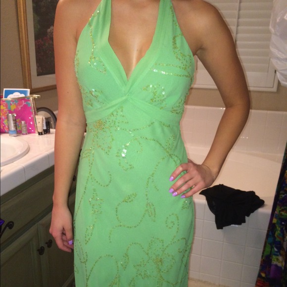 Tea length BCBG Max Azria green dress with sequins