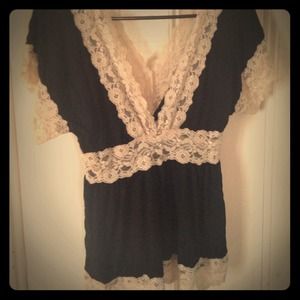 Gorgeous black and cream lace trim v neck blouse