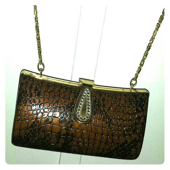 Glossy Brown snakeskin clutch w gold strap