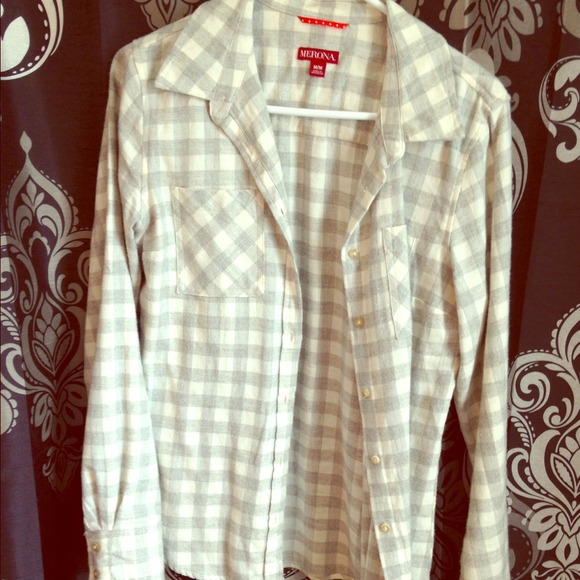 Grey and white flannel button up shirt