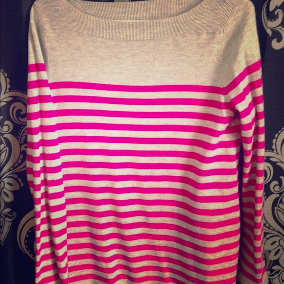Grey and pink boat neck striped sweater