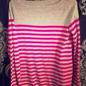 Grey and pink boat neck striped sweater