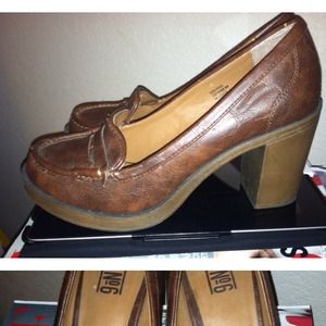 Brown penny loafers with a heel!