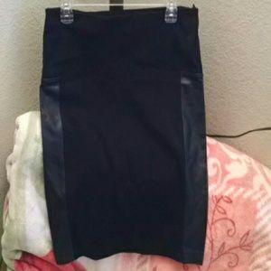 Black, leather paneled, pencil skirt