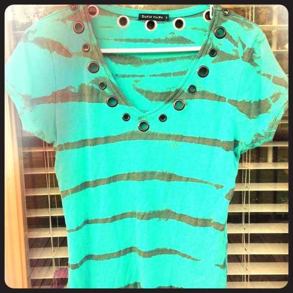 Teal and grey striped shirt