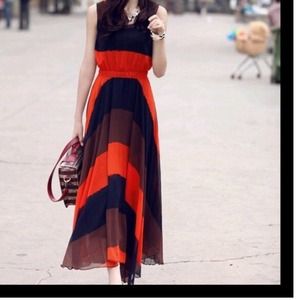 New long orange sleeveless dress