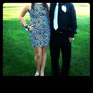 A stretchy white and black  printed dress.