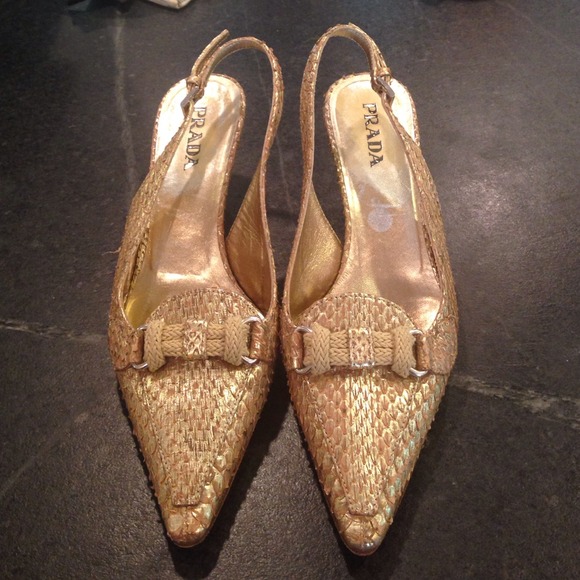 PRADA  Sz 5-1/2 Gold Mules