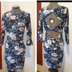Asos Floral Back Cutout Blue Bodycon Dress Medium