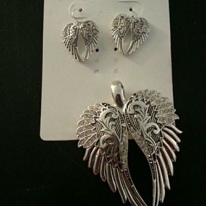 Angel wing pendant and earrings