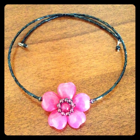 Black choker necklace with pink beaded flower