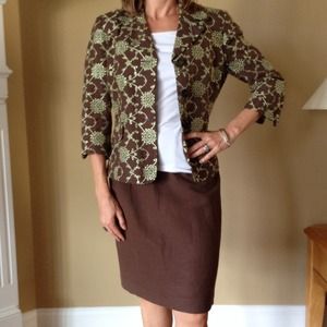 2-piece skirt suit, size 4P; brown w/ green detail