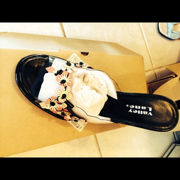 Size 8.5 Black Wedges w/clear top floral design.