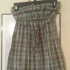 Teal brown and white tub top ties in the front