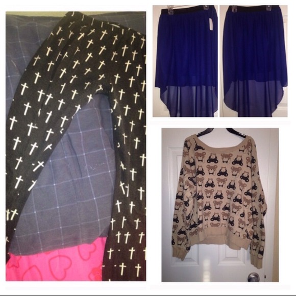 Cross leggings, bear crew neck, blue skirt