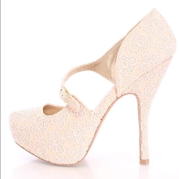 Nude Mary Jane Platform Crochet Lace High Heels - Picture 2 of 3