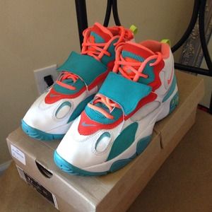 Coral, Blue, neon yellow and white nike sneakers!