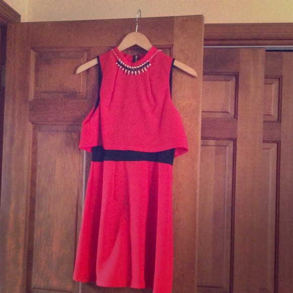 Red party dress with jeweled neckline