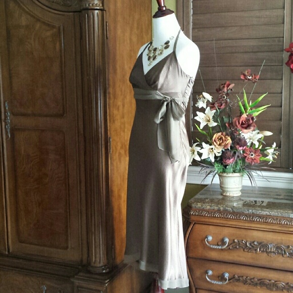 Taupe Silk BCBG Maxazria Hi-Lo Dress-♡ - Picture 3 of 4