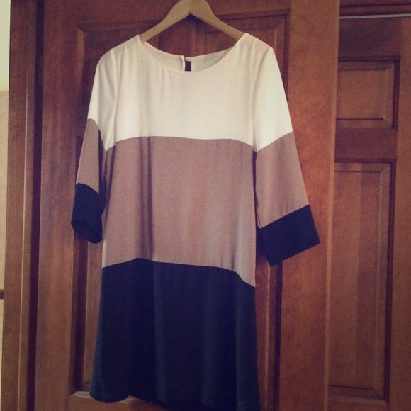 Black white and taupe shift dress
