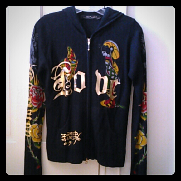 ED HARDY BLACK. HOODED GEISHA SWEATER - S