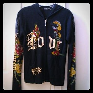ED HARDY BLACK. HOODED GEISHA SWEATER - S