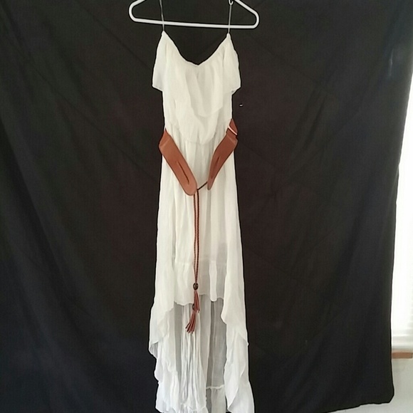 White Hi-Lo Dress with Brown Leather Belt - Picture 1 of 3